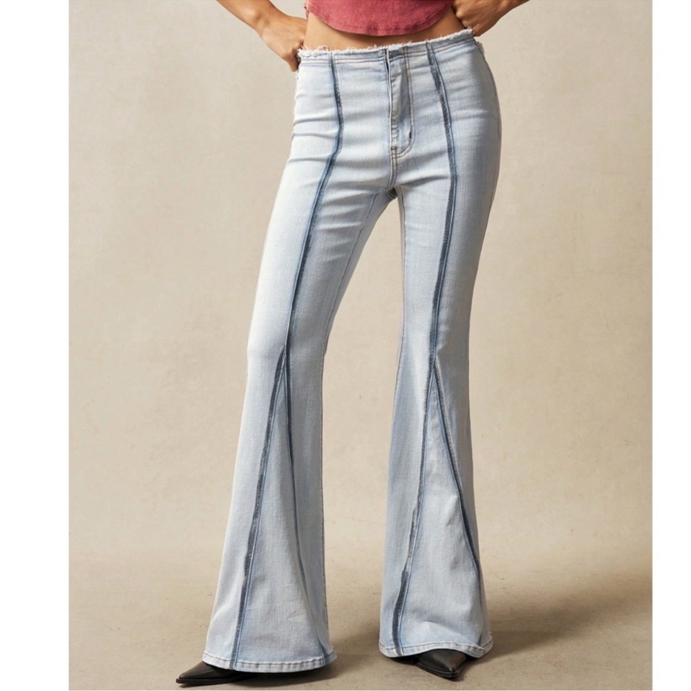 Light Wash Frayed Striped Flared Wide leg Denim Jean Pants XS S M L XL